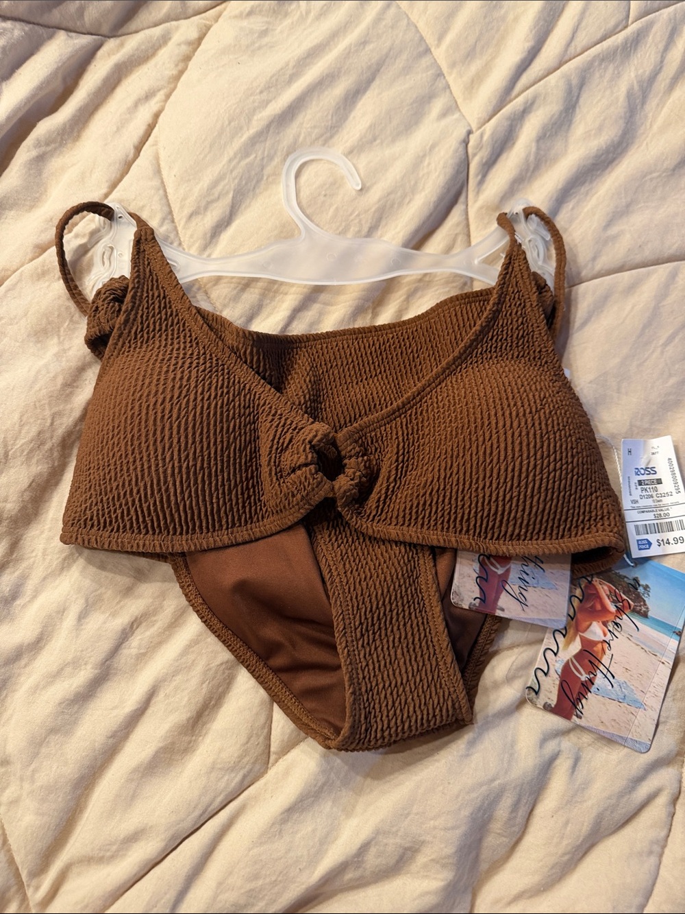 Brown Textured Knot Front Bikini Top and Bottom Set